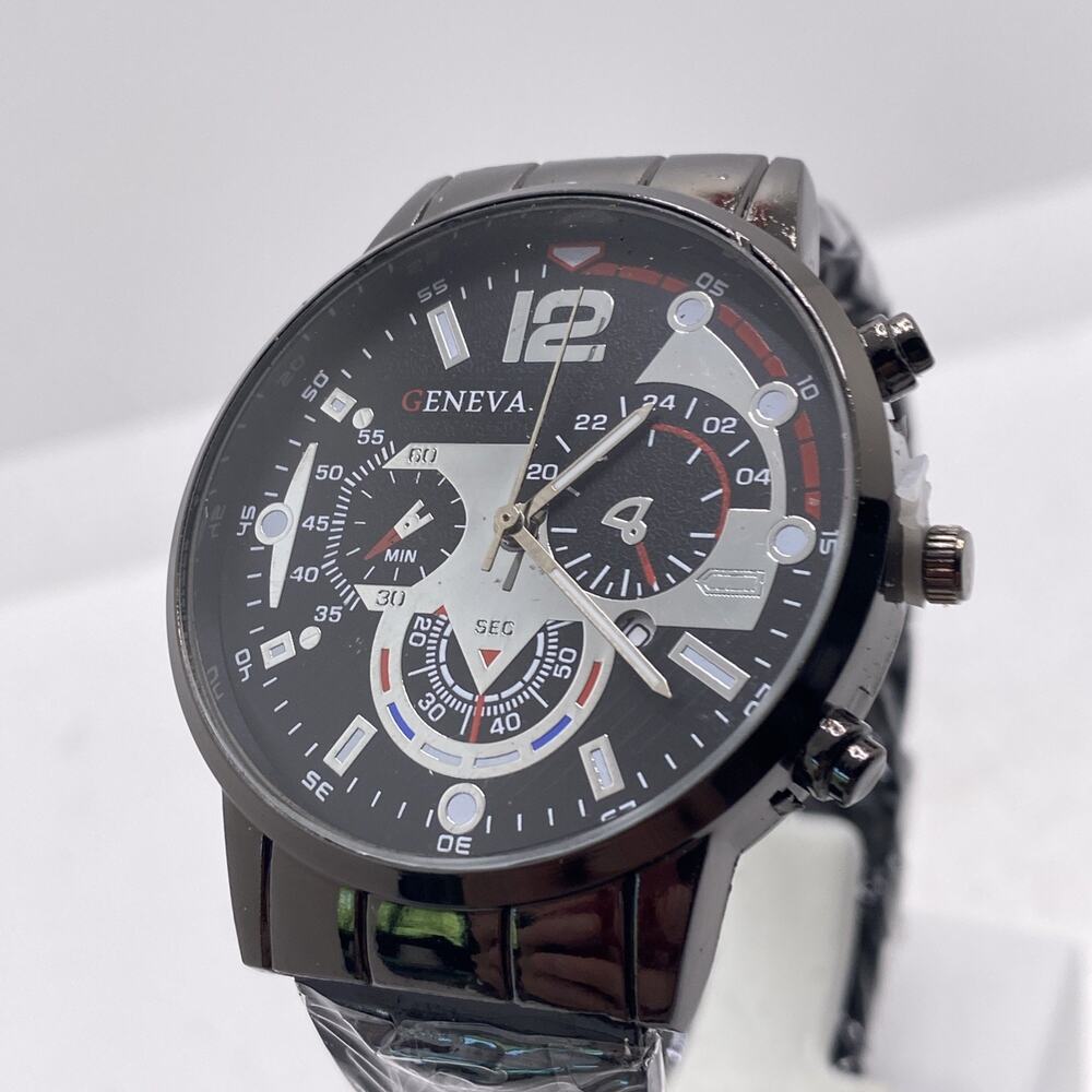 Geneva Mens Black Metallic Watch New Battery